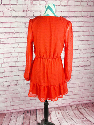 Ruby Red Solid Jacquard Dot V-Neck Ruffle Trim Long Sleeve Dress