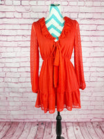 Ruby Red Solid Jacquard Dot V-Neck Ruffle Trim Long Sleeve Dress