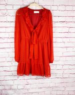 Ruby Red Solid Jacquard Dot V-Neck Ruffle Trim Long Sleeve Dress