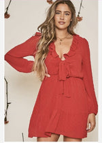 Ruby Red Solid Jacquard Dot V-Neck Ruffle Trim Long Sleeve Dress